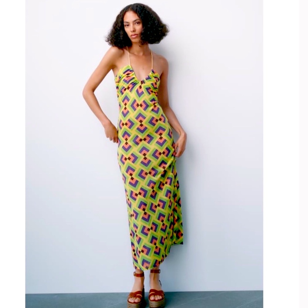ZARA STRETCH RETRO GEOMETRIC JACQUARD FINE KNIT MAXI DRESS $69.90